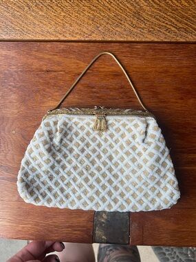 Vintage White and Gold Beaded Evening Handbag
